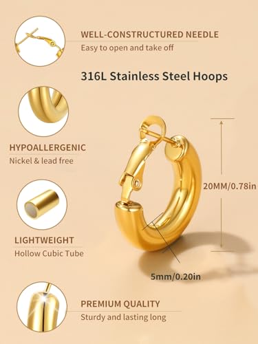 FindChic Hoop Earrings for Women, Silver/Black/14K Gold Plated Hypoallergenic Hollow Round Tube Loop Earrings, 20mm/30mm/40mm/60mm/80mm Chunky Hoops with Custom Name Options & Gift Box - color: c.Gold, size: 20MM