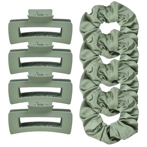 8Pcs Hair Clips and Scrunchies Set for Women - 4 Medium Non-Slip Matte Square Claw Clips, 4 Large Satin Scrunchies, Hair Accessories for Thick Thin Hair, Daily Use (Green) - color: Botanical Green Tones