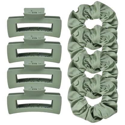 8Pcs Hair Clips and Scrunchies Set for Women - 4 Medium Non-Slip Matte Square Claw Clips, 4 Large Satin Scrunchies, Hair Accessories for Thick Thin Hair, Daily Use (Green) - color: Botanical Green Tones