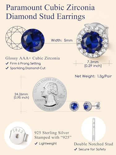 Suplight 925 Sterling Silver Birthstone Stud Earrings for Women, Round/Heart/Teardrop/Square Crystal Diamond Earrings for Women, Dainty Birthday Gifts Jewelry - color: style a-09. round-September(Created Sapphire)