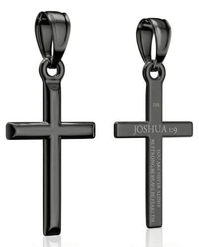 Cross Pendant Necklace with Bible Verse - Top-grade 316L Stainless Steel, Sleek Polished Design, Skin-friendly, Christian Jewelry for Men and Women - color: Mystic Black, size: Medium, style: JOSHUA 1:9