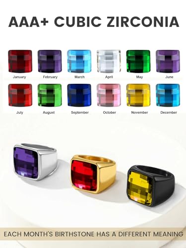 KeyStyle Square Gemstone Signet Rings for Men, Personalized Stainless Steel Pinky Ring with Black Onxy Blue Topaz Birthstone Statement Ring - color: Black - Custom Stone - 15mm