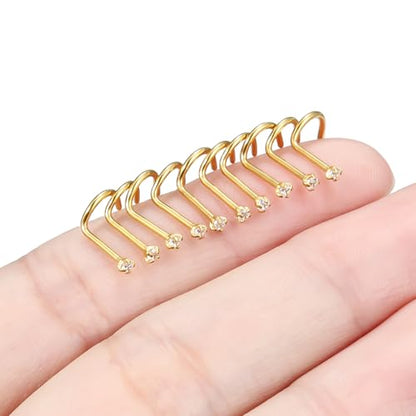 Nose Studs Surgical Steel Nose Rings Studs with Cubic Zirconia 10Pcs Tiny Nostril Rings for Women Screw Bone and L-Shaped Nostril Piercing Jewelry 24G 22G 20G 18G - color: goldtone,screw nose studs, size: 20g,1.5mm Clear CZ