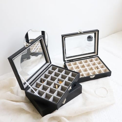Wudygirl 24 Grid Earring Organizer Small Jewelry Box with Lid BlackGray | Ring Box with Adjustable Dividers, Velvet Lining, Ideal for Rings, Earrings, Jewelry Display, Gift Giving - style: Black Gray 24 Grid