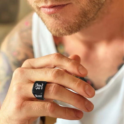 Custom Signet Ring for Men Personalized Initial Ring Custom Mens Rings Engraved Ring Customized Memorial Graduation Gifts for Father Husband Boyfriend Friends - color: Square Black