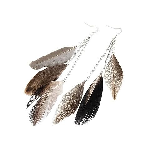 Boho Colorful Feather Dangle Earrings Handmade Beads Taseel Fashion Earrings for Women - color: Brown Taseel