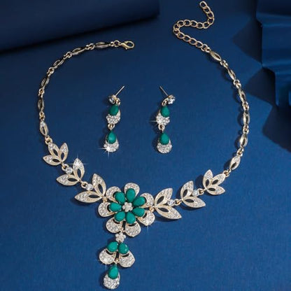 Wedding Jewelry Sets for Brides Rhinestone Necklace and Earring Set Bracelet Ring Gold Silver Prom Jewelry Sets Diamond Flower Teardrop Necklace for Women - color: Style3-Green