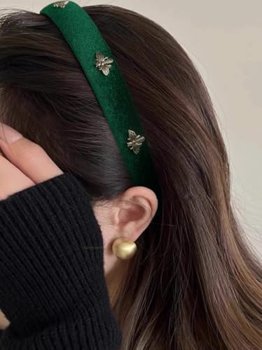 TERSE Green Velvet Headband for Women White Pearl Head Band Cute Designer Headband Fashion Hair Accessories Vintage Women Holiday Headbands Elastic Hair Bands - color: green