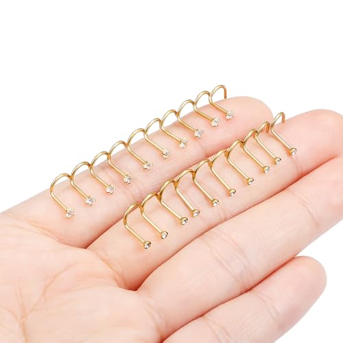 Hoeudjo Nose Studs Surgical Steel Cubic Zirconia Nose Rings Kit for Women Men Tiny Nose Stud Screw & Bone & L Shaped Nostril Piercing Jewelry 24-18 Gauge 20 Pieces Set - color: gold-tone,screw nose studs, size: 20g/2.0mm clear CZ