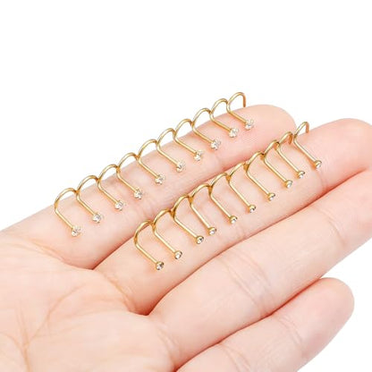 Hoeudjo Nose Studs Surgical Steel Cubic Zirconia Nose Rings Kit for Women Men Tiny Nose Stud Screw & Bone & L Shaped Nostril Piercing Jewelry 24-18 Gauge 20 Pieces Set - color: gold-tone,screw nose studs, size: 20g/2.0mm clear CZ