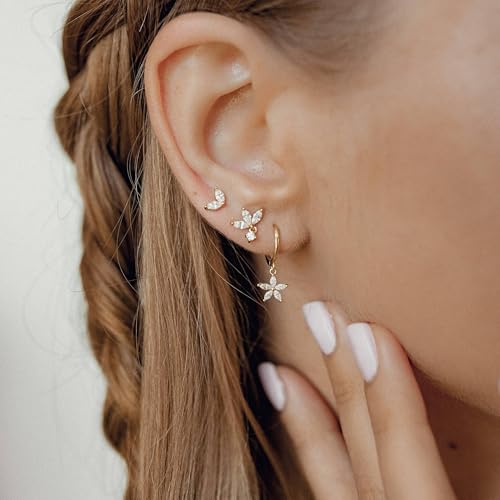 Sterling Silver Earrings Stacks for Women, Hypoallergenic Cartilage Earring | Dainty Stud Huggie Hoop Dangle Chain Earrings, 14K Gold/White Gold Plated - color: 3Pairs-Flower CZ Set-Gold