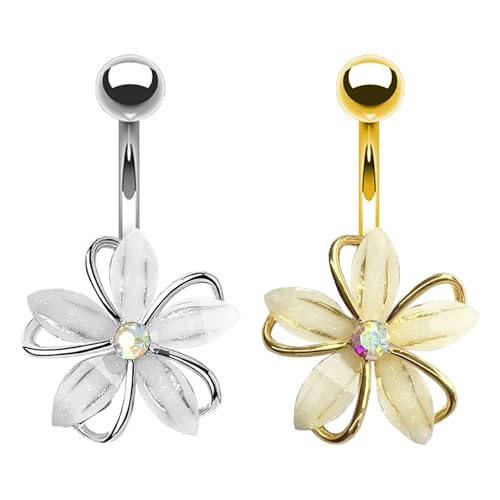 VERAMI 14G 316L Flower Belly Button Ring Surgical Steel Cute Flower Belly Button Ring Body Piercing Jewelry - color: SILVER & GOLD
