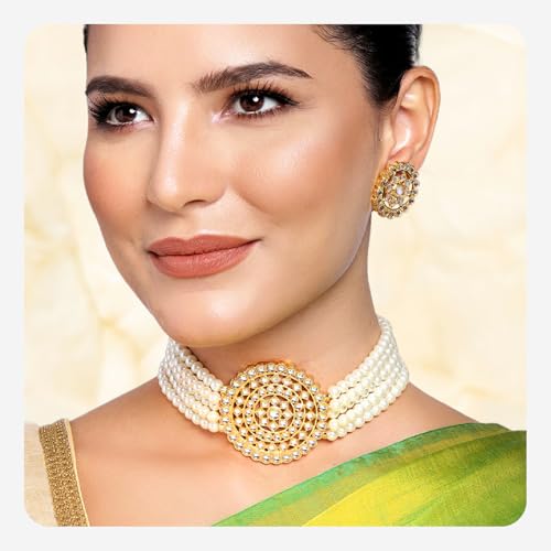 Aheli Pearl Diamond Choker Necklace & Round Earrings Gift for Women Indian Traditional Bollywood Fashion Bharatanatyam jewellery set - color: White 1