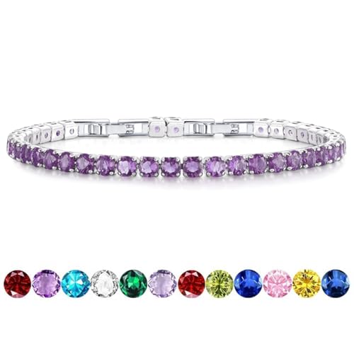 HEEYA Birthstone Silver/Gold Plated Tennis Bracelets, Adjustable 4mm CZ Tennis Bracelets for Women, Fashion Jewelry Wedding Gift Size 6.8 inch+1 inch Extender - color: 02 February Amethyst