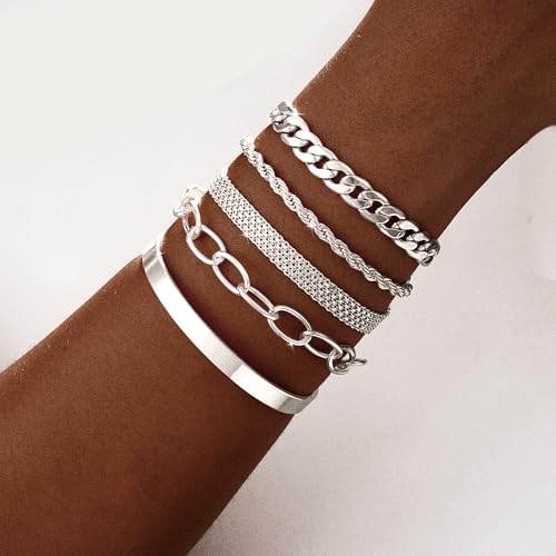 Dainty Bracelet for Women 14K Gold Plated Cross Pearl CZ Leaf Bracelets Set Gold Layering Bracelets Everyday Jewelry - color: 5 Layer Cuff Set -SL