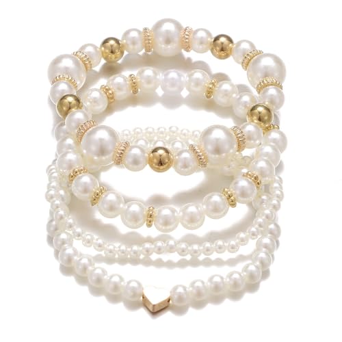 White Pearls Layered Stretch Bracelets Set For Women Simulated Pearl Stackable Stretch Multi layered Elastic Bracelets Jewelry