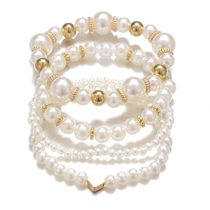 White Pearls Layered Stretch Bracelets Set For Women Simulated Pearl Stackable Stretch Multi layered Elastic Bracelets Jewelry