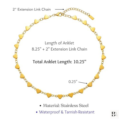 Stainless Steel Chain Ankle Bracelet for Women Adjustable Waterproof Anklet - color: Gold / Heart