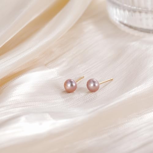 EAMTI Pearl Earrings for Women Trendy 18K Gold Plated Sterling Silver Freshwater Cultured Pearl Stud Earrings Hypoallergenic 5.5-9.5MM - color: Pink-purple, size: 6-6.5mm