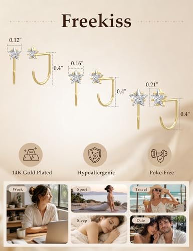 Freekiss 3 Pairs Backless Half Hoop Earrings Set for Women | 14K Gold Plated CZ Stay Close Hoop Earrings, Hypoallergenic Huggie Stackable Earring for Everyday & Sleep Wear Jewelry Gift - color: Star CZ-GD