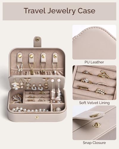 Jewelry Travel Case, Portable Travel Jewelry Box for Women, PU Leather, Snap Closure, Jewelry Holder Organizer Travel Essentials, Light Taupe - color: Light Taupe