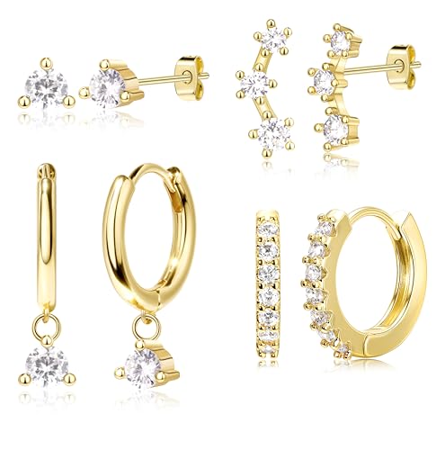 4 Pairs Stud Hoop Earrings Set for Women, Trendy Dangle Jacket Huggie Stacks for Multiple Piercing, Hypoallergenic Cartilage Jewelry Gifts - color: Gold- Diamond Drop
