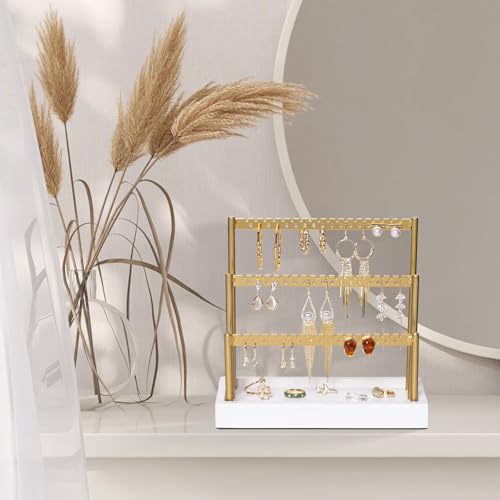 SANY DAYO HOME 3-Tier Earring Holder Organizer Stand, 105 Holes Gold Metal Earring Rack Jewelry Display Tree with White Wood Tray for Women and Girls - color: Gold Rack White Base