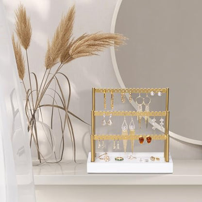 SANY DAYO HOME 3-Tier Earring Holder Organizer Stand, 105 Holes Gold Metal Earring Rack Jewelry Display Tree with White Wood Tray for Women and Girls - color: Gold Rack White Base