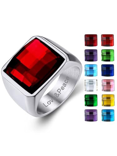 KeyStyle Square Gemstone Signet Rings for Men, Personalized Stainless Steel Pinky Ring with Black Onxy Blue Topaz Birthstone Statement Ring - color: 316L Stainless Steel-Custom Stone-15mm