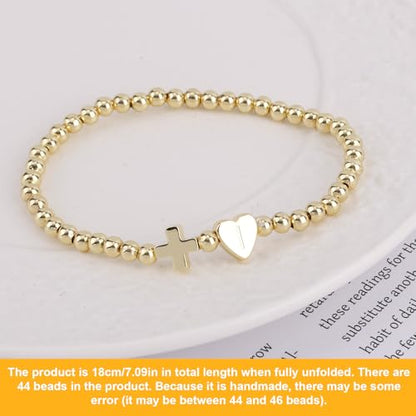 Mikovivi Women's Cross Bracelet with Initial Beads, Elastic Heart Alphabet Charm Stackable Beaded Bracelet Religious Christian Jewelry Gift - style: Letter I