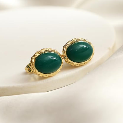 Gempires Bold Oval Gemstone Stud Earrings for Women – Natural Healing Stone Jewelry 14K Gold-Plated Hypoallergenic Tarnish-Resistant – Bold Statement Studs Gift for Her - style: Green Onyx