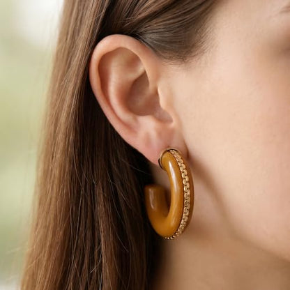 Gold Plated Resin Chunky Hoop Earrings Hypoallergenic Push Back Hoops for Sensitive Ears - color: Caramel