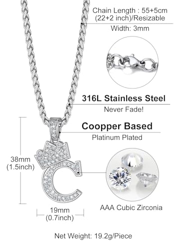 Richsteel Silver Crown Initial A-Z Letter Pendant Necklace for Men Women | Cubic Zirconia Monogram, 316L Steel Chain, 22" + 2" Extender,Hypoallergenic,Gift Box, Hip Hop Jewelry - style: C
