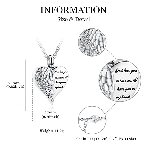 shajwo Cremation Heart Urn Necklace Ashes Jewelry for Women Men Keepsake Pendant Memorial Locket Ash Holder - color: Wing-Silver