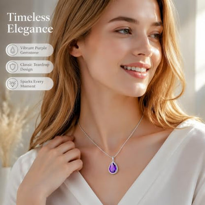 VONSSY Classic Oval Pendant Gemstone Necklace | Crystal Ruby Sapphire Waterdrop Birthstone Teardrop Emerald Necklace | 18K Platinum Gold Plated Chain | Jewelry Gift for Mother Wife Girlfriend - color: NL-Purple-Platinunm