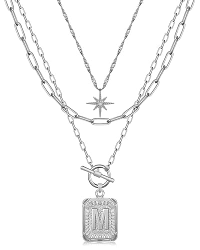 MJartoria Layered Initial Necklaces for Women | 14K Gold Plated Brass, Star Choker, Square Letter Pendant, Paperclip Chain - color: Silver, style: M