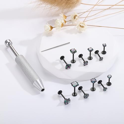 18G 16G Hypoallergenic Surgical Stainless Steel Internal Thread Tragus Labret Cartilage CZ Stud Piercing Jewelry Helix Cartilage Conch Nose Lip Labret Medusa Piercingenic Be Equipped With Piercing Ball Grabber Tool Flat Back Stud Earrings for Women Men -