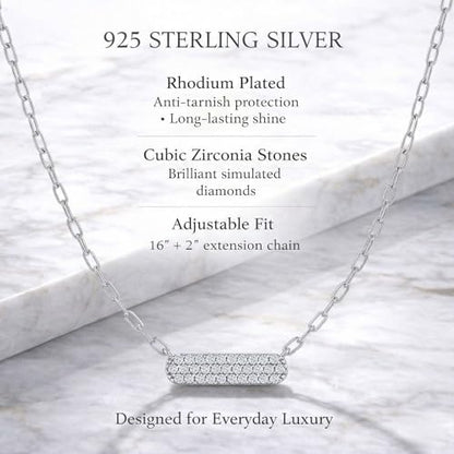 Horizontal Bar Necklace for Women, Sterling Silver or 14K Gold Plated Silver, Minimalist, CZ Diamond, Dainty Bar Pendant - Unique Jewelry Gift - style: Full Pavé - Silver