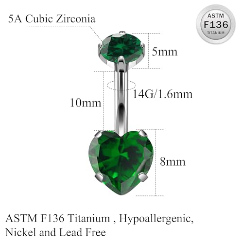 ASTM F136 Titanium Belly Button Rings 14G CZ Heart Belly Navel Rings 10mm Bar Body Piercing Jewelry Navel Ring With 1PCS Curved Piercing Taper - color: Green CZ