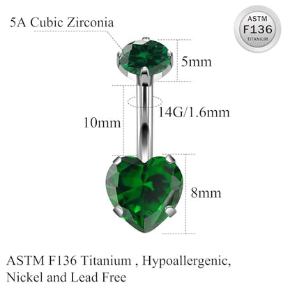 ASTM F136 Titanium Belly Button Rings 14G CZ Heart Belly Navel Rings 10mm Bar Body Piercing Jewelry Navel Ring With 1PCS Curved Piercing Taper - color: Green CZ