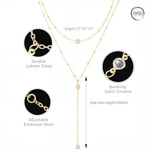 14K Gold Plated Y Necklace for Women – Dainty Lariat Long Pendant Chain, Layered Drop Necklace for V Neck Dress, Simple Sexy Cleavage Jewelry Gifts for Women - color: Gold - Double layered - Zircon