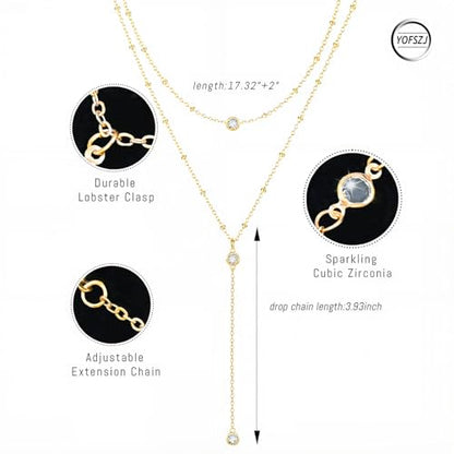 14K Gold Plated Y Necklace for Women – Dainty Lariat Long Pendant Chain, Layered Drop Necklace for V Neck Dress, Simple Sexy Cleavage Jewelry Gifts for Women - color: Gold - Double layered - Zircon