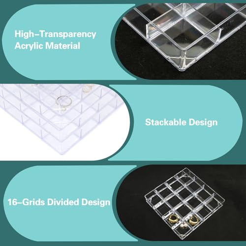 4 PCS Stackable Jewelry Organizer Tray, Clear Square Plastic Storage Box | with 16 Mini Grid (1.57''), Suitable for Drawer Dresser Vanity Desk Use, Necklaces Bracelets Rings Earrings Storage