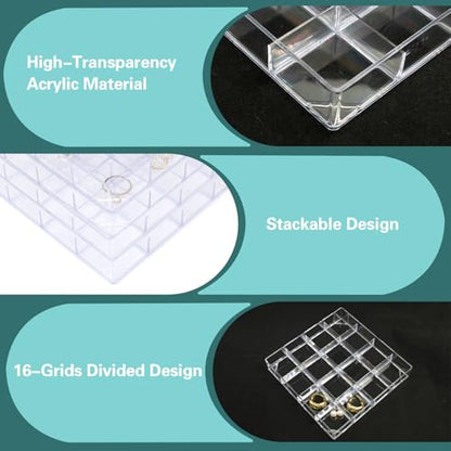 4 PCS Stackable Jewelry Organizer Tray, Clear Square Plastic Storage Box | with 16 Mini Grid (1.57''), Suitable for Drawer Dresser Vanity Desk Use, Necklaces Bracelets Rings Earrings Storage