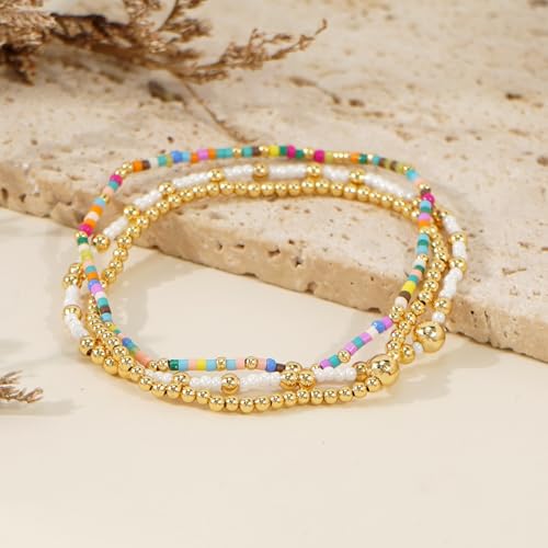 Gold Beaded Bracelet Stack for Women Colorful Small Seed Beads Bracelets Set Boho 14K Gold Plated Ball Stackable Stretch Non-Tarnish Dainty Jewelry Trendy Accessory Friendship Gift - color: blue and white