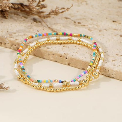 Gold Beaded Bracelet Stack for Women Colorful Small Seed Beads Bracelets Set Boho 14K Gold Plated Ball Stackable Stretch Non-Tarnish Dainty Jewelry Trendy Accessory Friendship Gift - color: blue and white