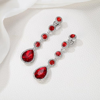 EleQueen Women's Wedding Crystal Teardrop Pear Shape 3 Inch Clip on Long Dangle Earrings for Bride Bridesmaid, Jewelry for Party Prom/Anniversary - color: Red Silver-Tone