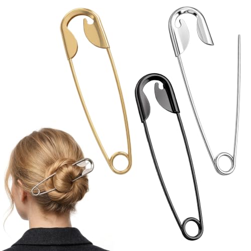 3 Pcs Safety Pin Hair Clip, Metal Hair Pins for Women | Giant Pin Shape Design Stick, French Style Hairs Stick Clips for Vintage Hairstyle Accessories - color: Silver,Black,Gold