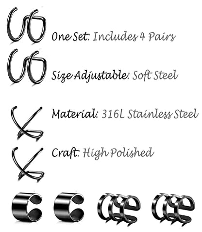 4-10 Pairs Stainless Steel Ear Cuff Helix Cartilage Clip On Wrap Earrings Fake Nose Ring Non-Piercing Adjustable - color: E1:4 Pairs, Black Tone