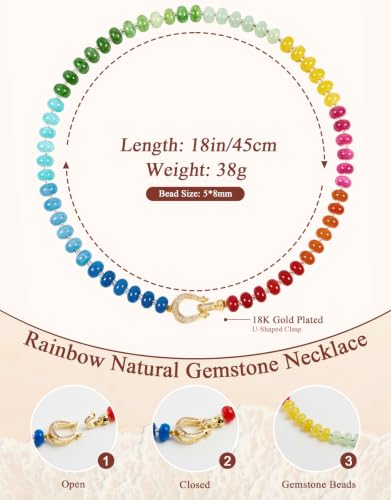 Beaded Necklaces for Women, Boho Colorful Bead Choker Necklace | Natural Gemstones, Summer Beach Jewelry, 18K Gold Plated, Handmade, Gift for Her,Charm Necklace - color: Rainbow-U-Shaped Clasp